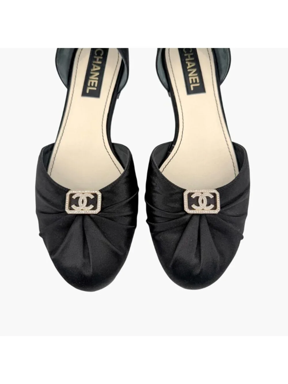 Chanel Crystal CC D’Orsay Ballet Flats Black Satin Size 42 US 11-11.5 Women’s